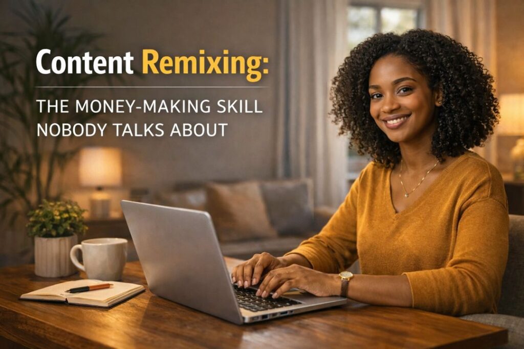 Young Black woman working on a laptop in a warm indoor office, representing the concept of earning money online through content remixing.