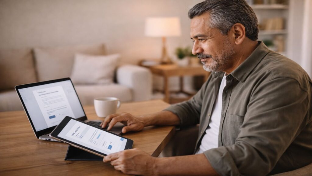 Older Hispanic man using a laptop and tablet to review a digital product sales page for an AI-generated mini eBook.