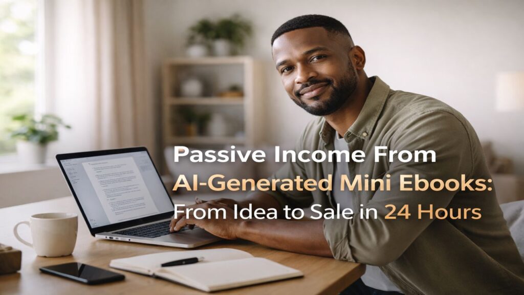 Black man working on a laptop at a home office desk, creating an AI-generated mini ebook for passive income.
