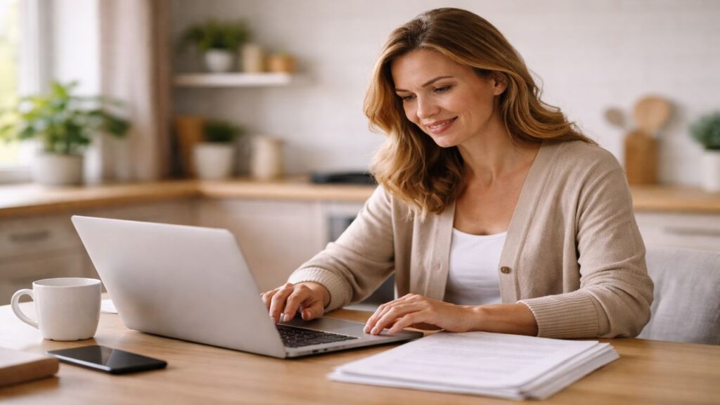 Woman working on a laptop at a kitchen table while reviewing a short digital ebook draft for online income.