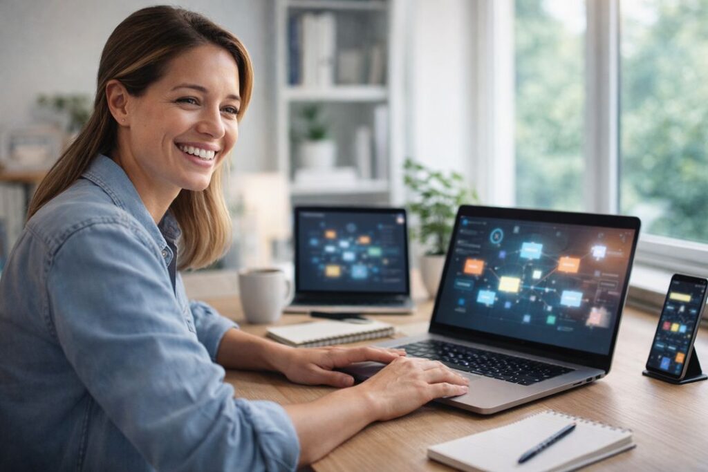 Smiling woman working at a laptop with AI workflow automation tools for building an online side hustle