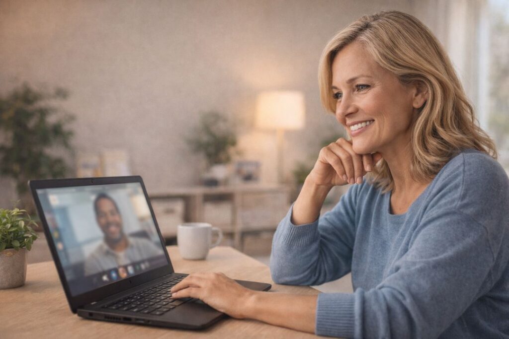 White woman on a laptop video call with a client while working remotely from home