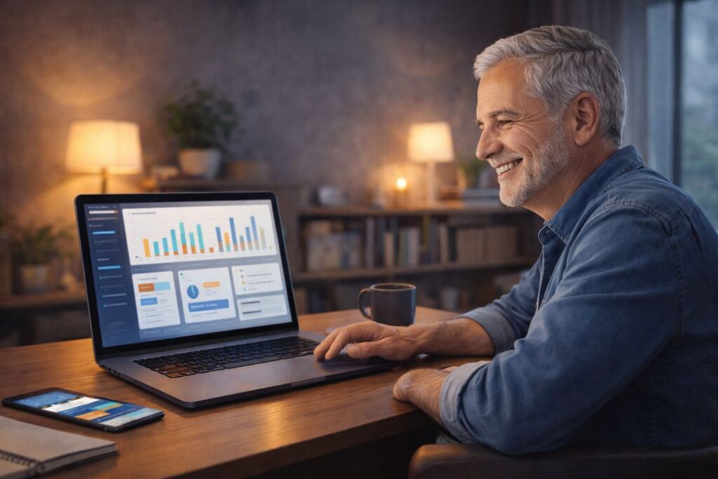Smiling older white man reviewing digital product sales and analytics on a laptop