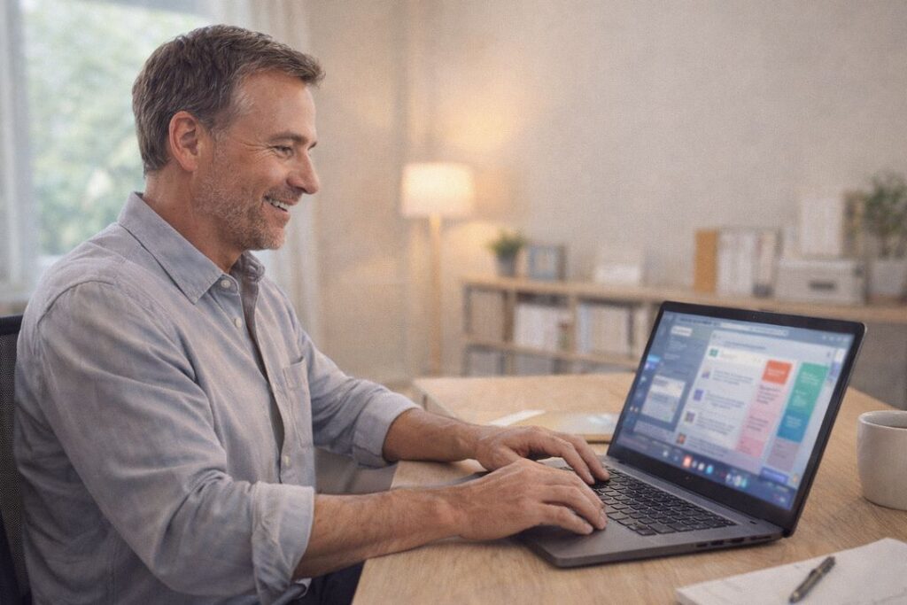White man working on a laptop in a home office while building and managing an email list