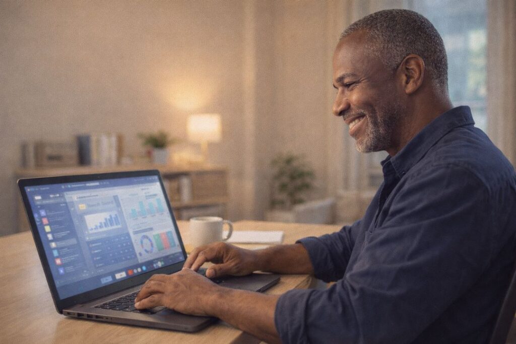 Older Black man reviewing email marketing performance on a laptop in a home office setting