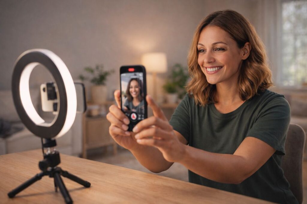 White woman creating short-form video content using a smartphone and ring light in a home setting