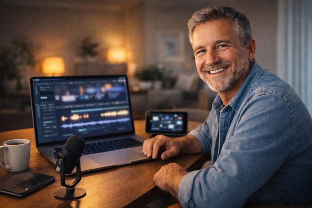 Smiling older man editing faceless video content on a laptop as part of an AI-powered side hustle