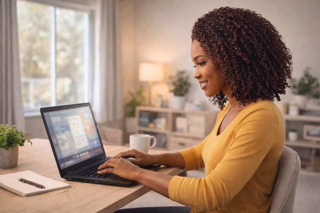 Black woman working on a laptop in a home office, focused on completing remote freelance tasks