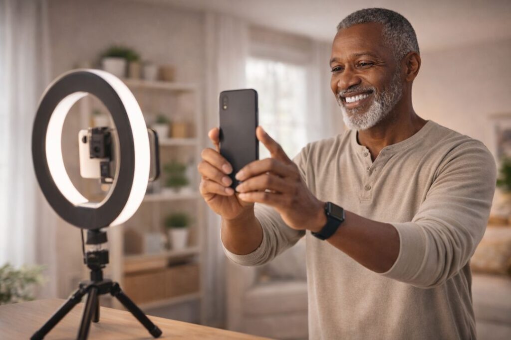 Older Black man standing and recording short-form videos with a smartphone and ring light setup
