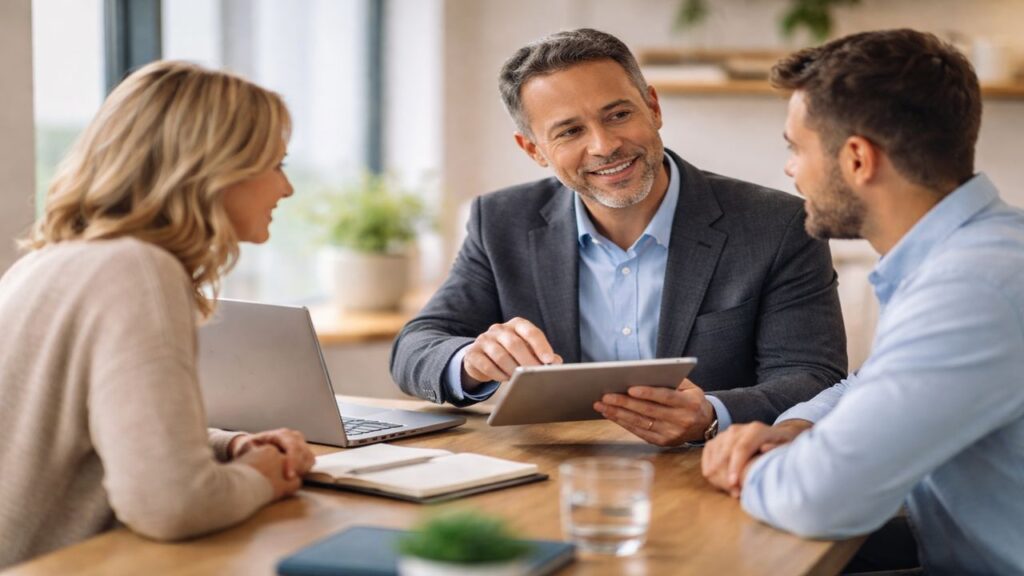 Consultant meeting with clients at a table, explaining an ongoing advisory plan as part of a retainer service.