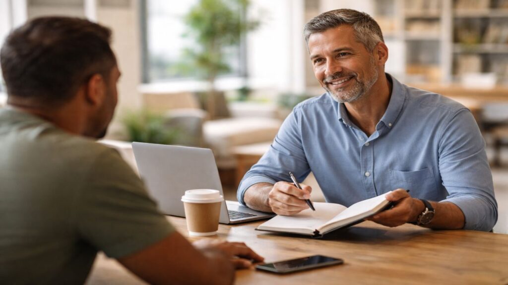 Male consultant meeting with a client in a co-working space, explaining a consulting strategy during an advisory session.