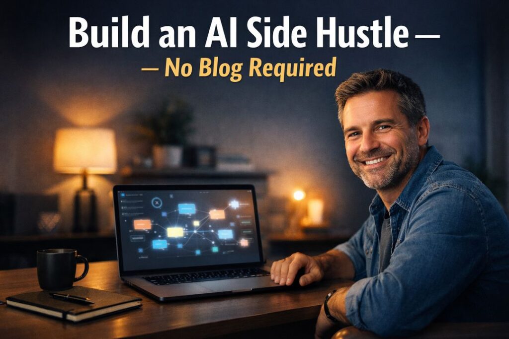Smiling man working on a laptop with AI automation tools, representing building an AI-powered side hustle without blogging