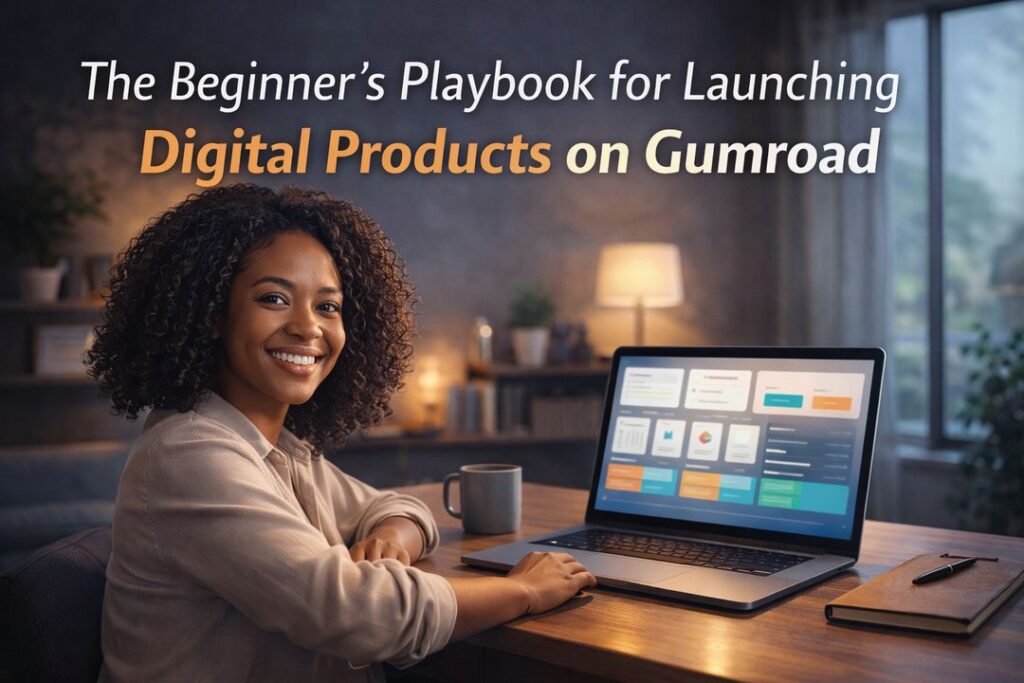 Smiling Black woman working on a laptop showing a digital product dashboard, representing launching digital products on Gumroad