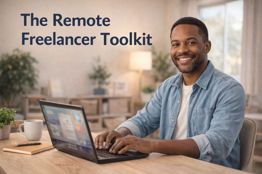 Smiling Black man working on a laptop at a home office desk, representing a remote freelancer building steady income