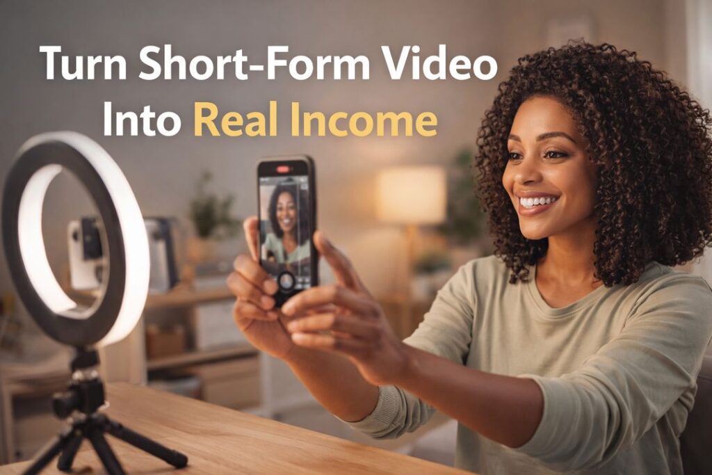 Smiling Black woman recording short-form video with a smartphone and ring light for online income creation