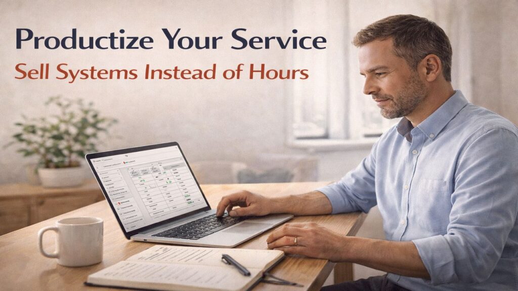 Man working at a home office desk reviewing a structured workflow on a laptop, representing productized services and selling systems instead of hours.