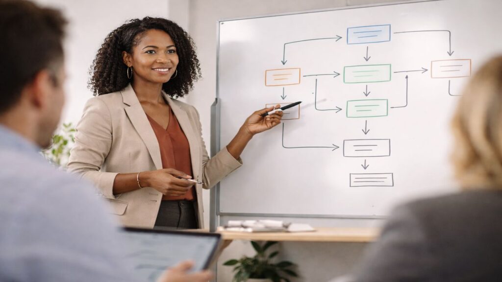 Business consultant explaining a repeatable service system on a whiteboard during a professional advisory meeting.