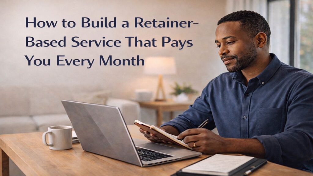 Black man working at a home office desk on a laptop video call, taking notes while building a retainer-based service for monthly income.
