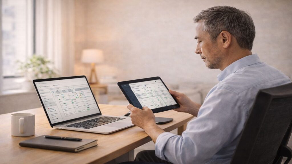 Older Asian man reviewing organized workflows on a laptop and tablet, representing systemized services and scalable income.