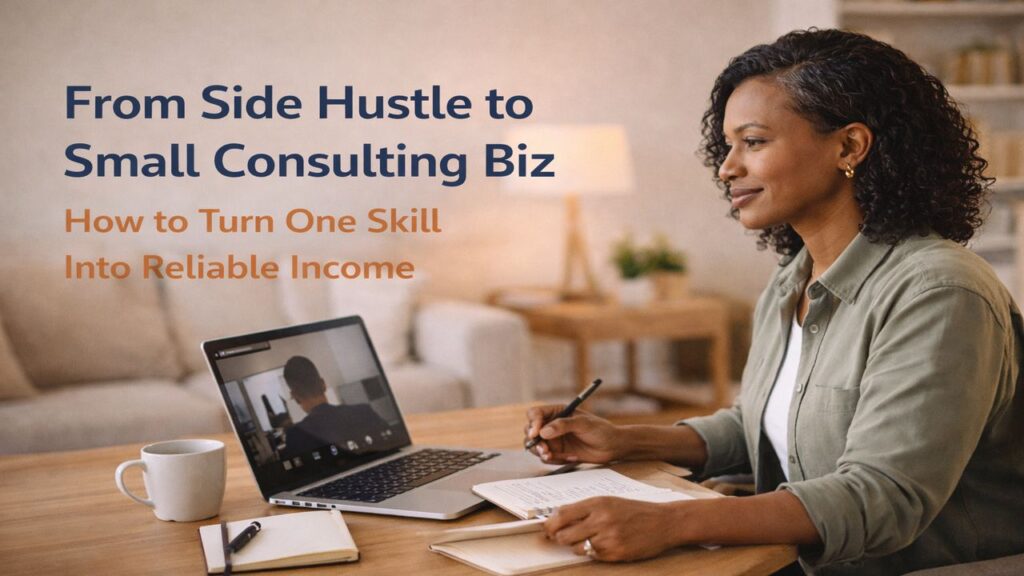 Black woman working at a home office desk on a video call, transitioning from a side hustle to a small consulting business.