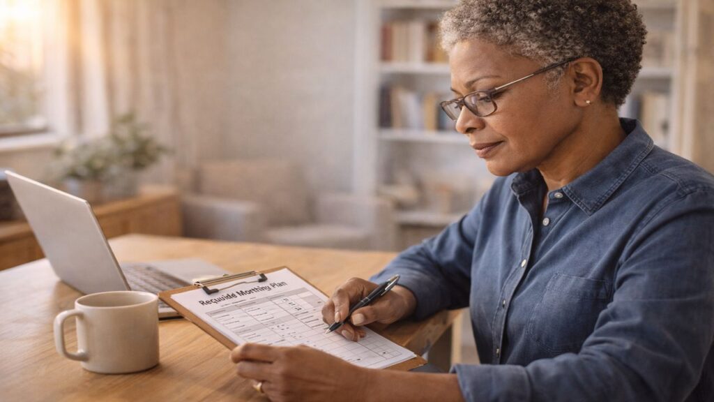 Older African American woman reviewing a monthly work plan at a desk, representing stable retainer-based consulting income.