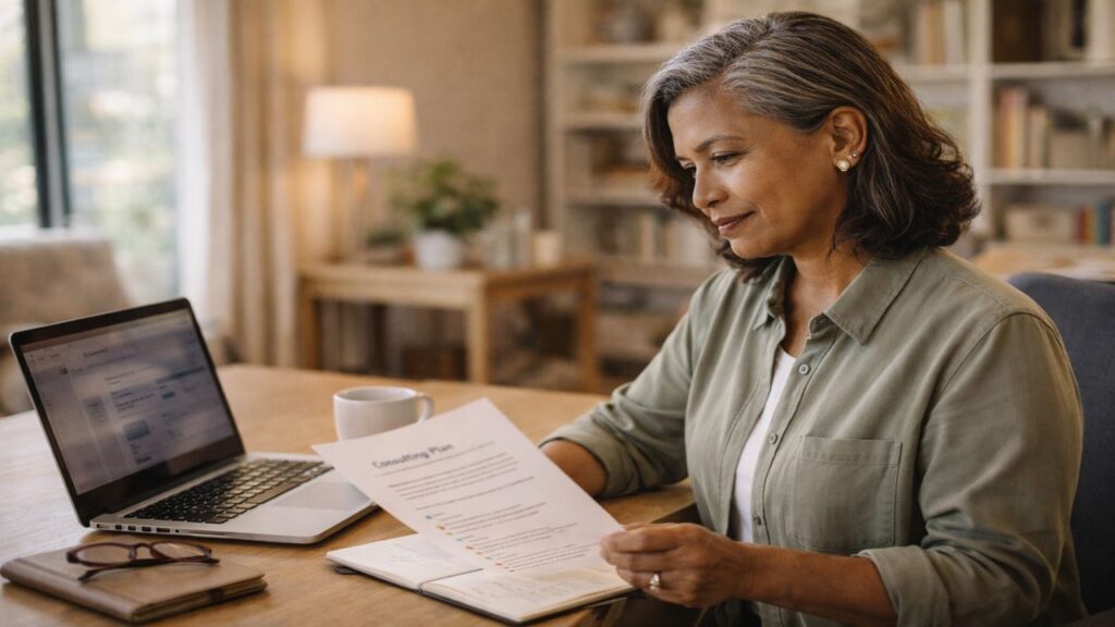 Older Hispanic woman reviewing a consulting strategy plan at a home office desk, representing experience-based consulting income.