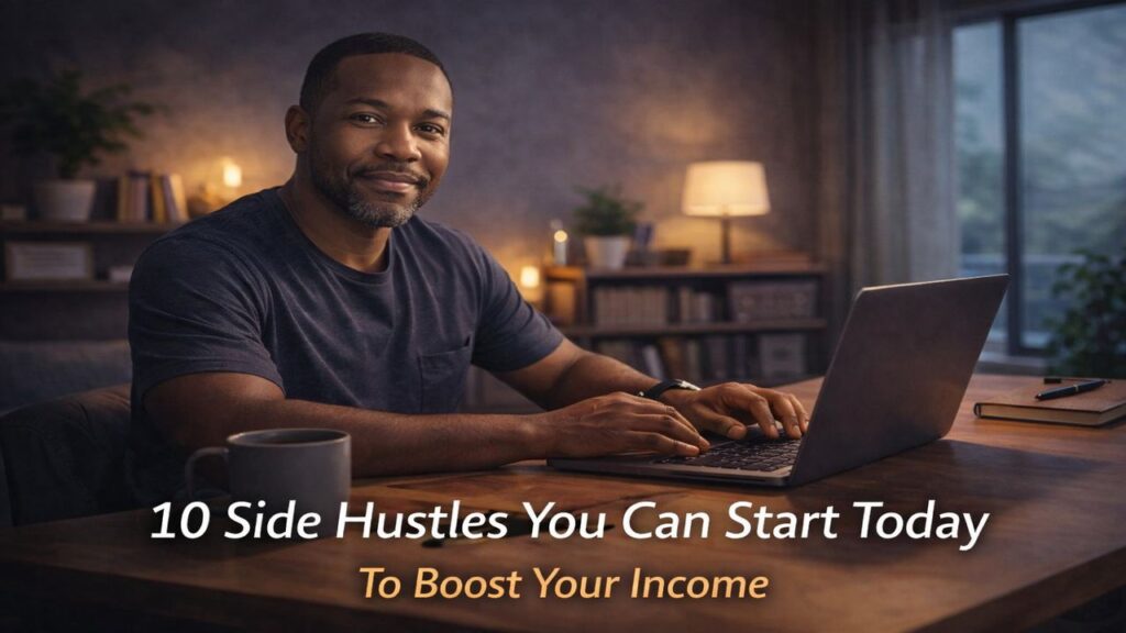 Confident African American man working at a home desk with a laptop and notebook, representing starting side hustles to earn extra income.