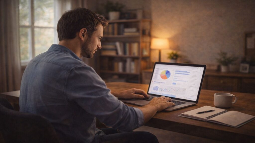 Home-based entrepreneur reviewing analytics on a laptop, illustrating affiliate marketing and digital income strategies.