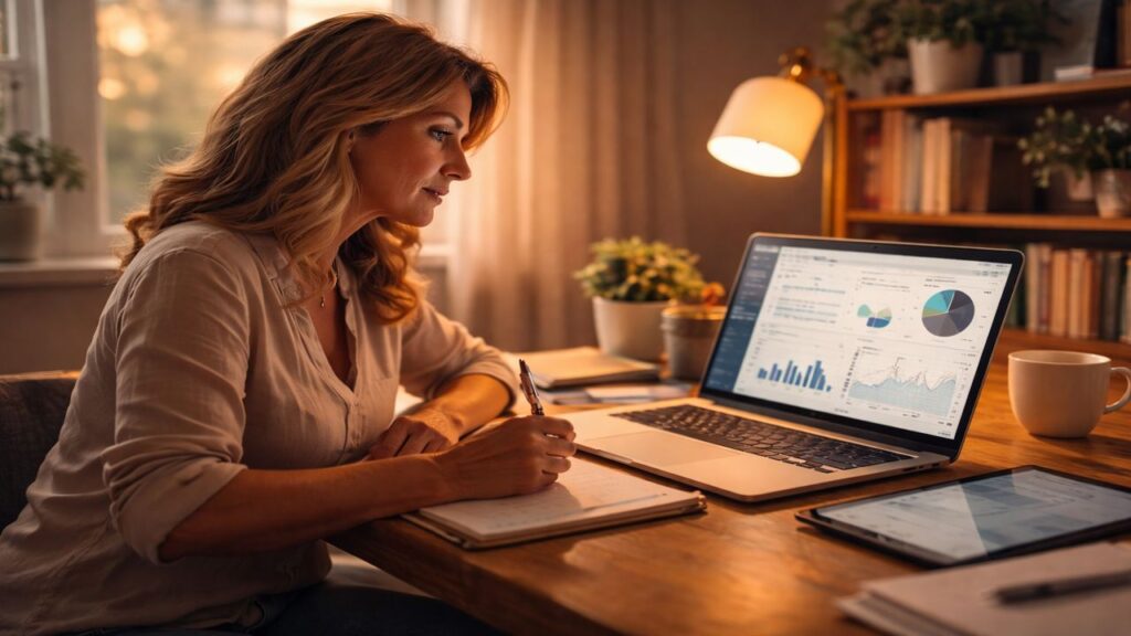 Business owner reviewing analytics on a laptop in a home office, illustrating AI-powered data analysis and smarter business automation.