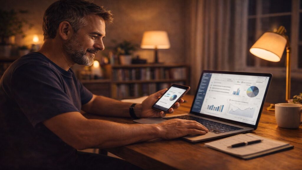 White male entrepreneur working on a laptop at a desk, representing AI automation systems improving productivity and business profitability.