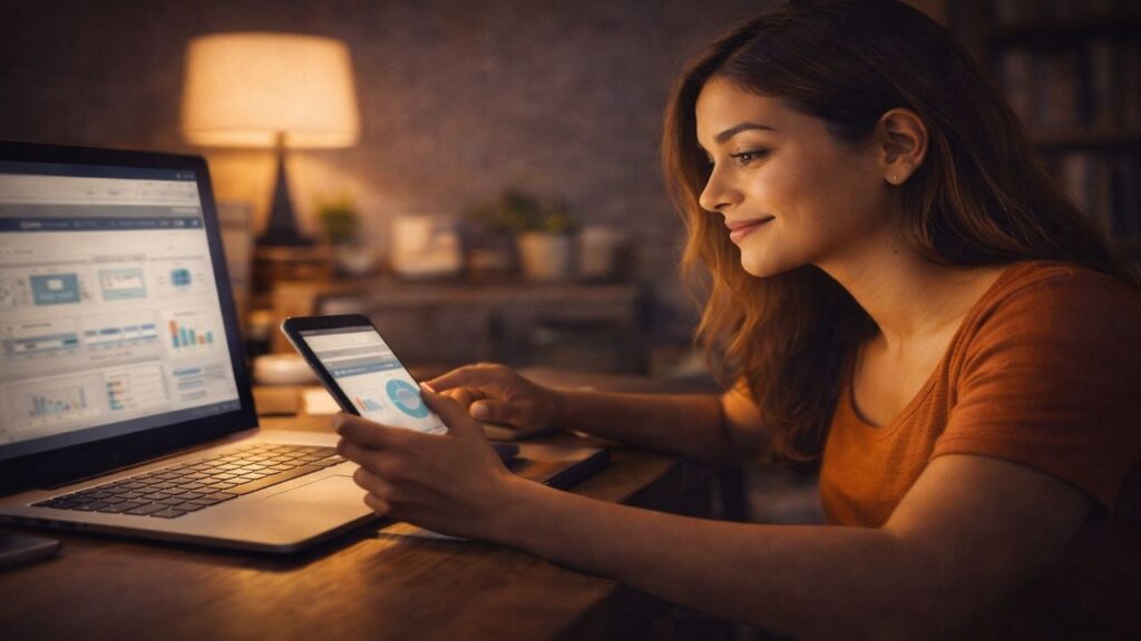 Young woman working on a laptop and smartphone in a home office, representing AI automation tools streamlining online business tasks.