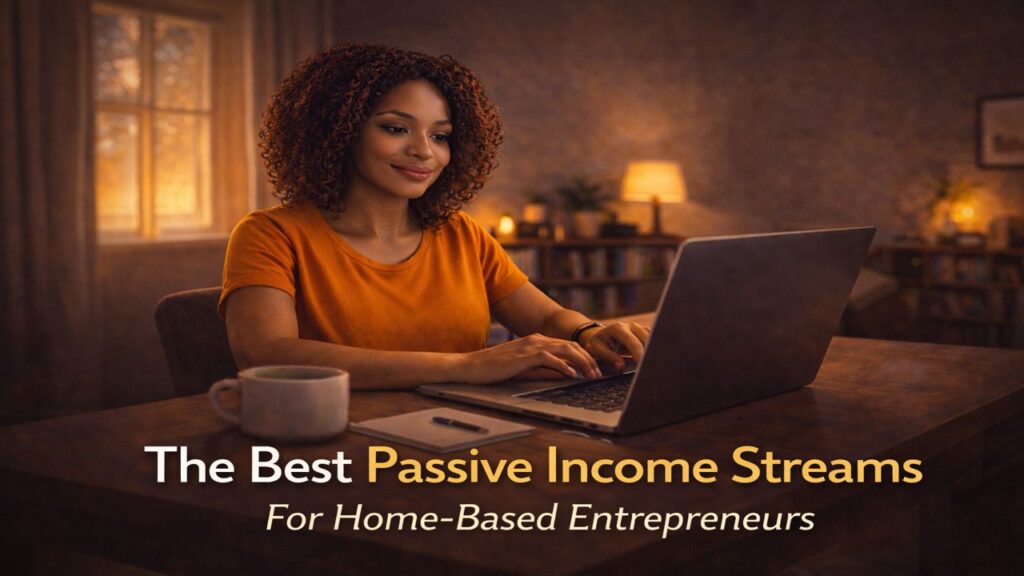 Black female entrepreneur working on a laptop in a warm home office, representing passive income streams for home-based business owners.