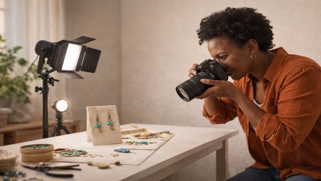 Black female artisan photographing handmade products on a tabletop setup for an online marketplace listing.