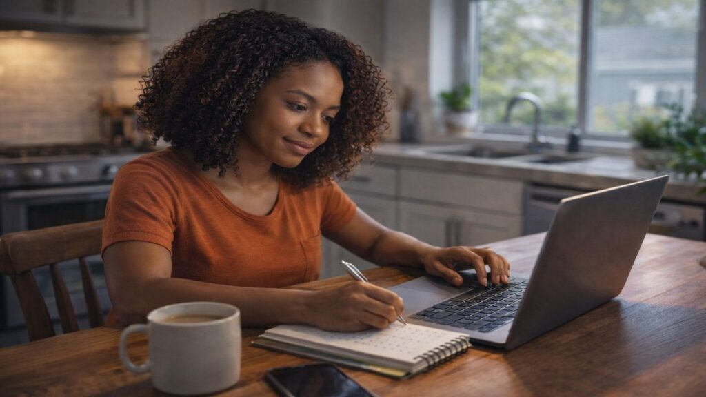 Black woman working on a laptop at home, organizing notes and building a freelance side hustle.