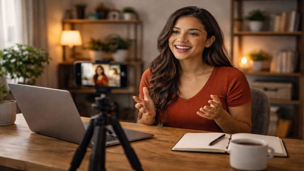 Young Hispanic woman recording an educational video at home with a smartphone and laptop, representing teaching skills on platforms like YouTube or Skillshare.