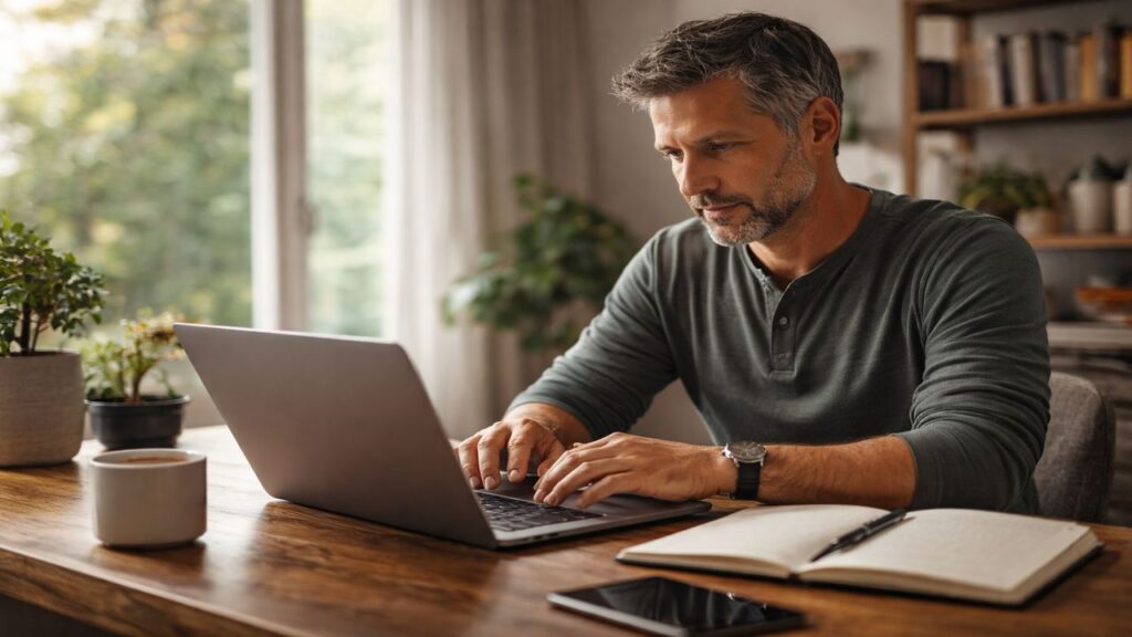 Middle-aged white male working on a laptop at a home desk, representing freelancing on free platforms like Upwork and Fiverr.