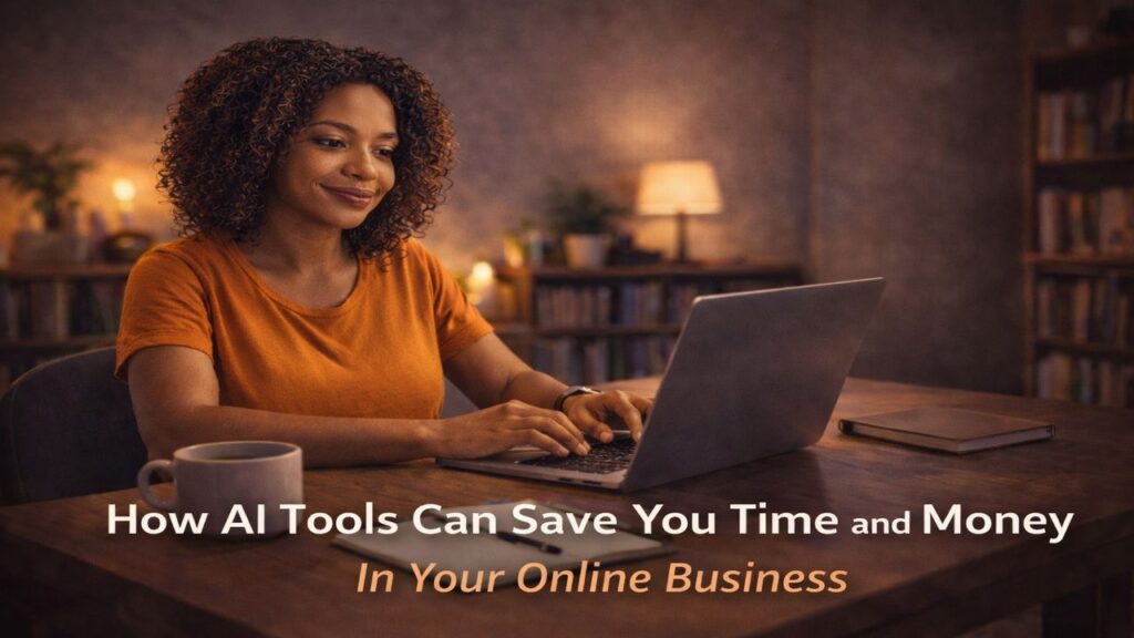 Confident Black woman working on a laptop in a warm home office, representing using AI tools to save time and reduce costs in an online business.