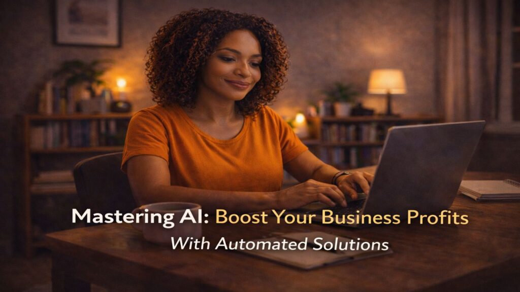 Confident Black female entrepreneur working on a laptop in a warm home office, representing AI automation increasing business profits and efficiency.