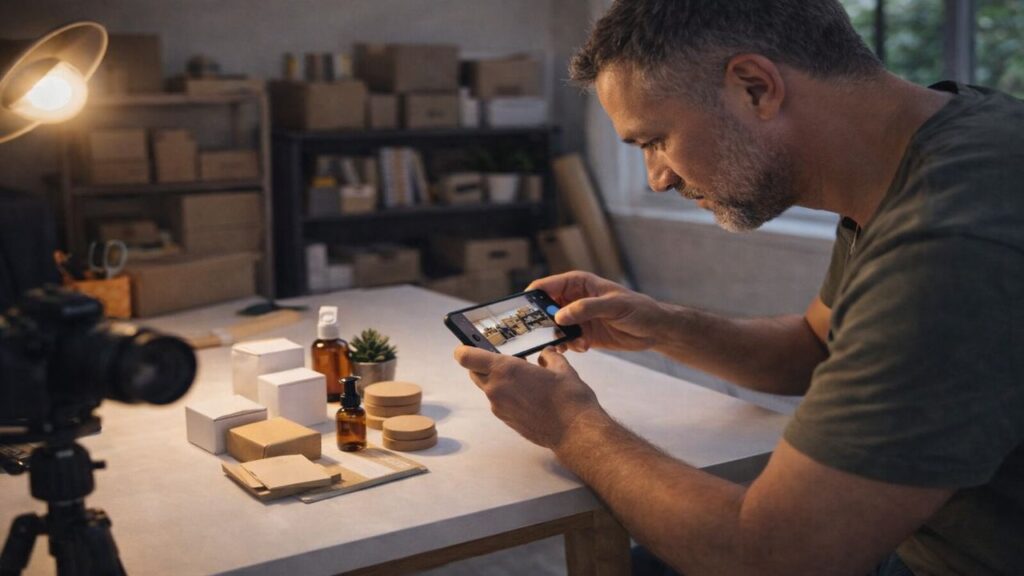 A middle-aged white man is photographing small products on a table, representing reselling and product flipping as a side hustle.