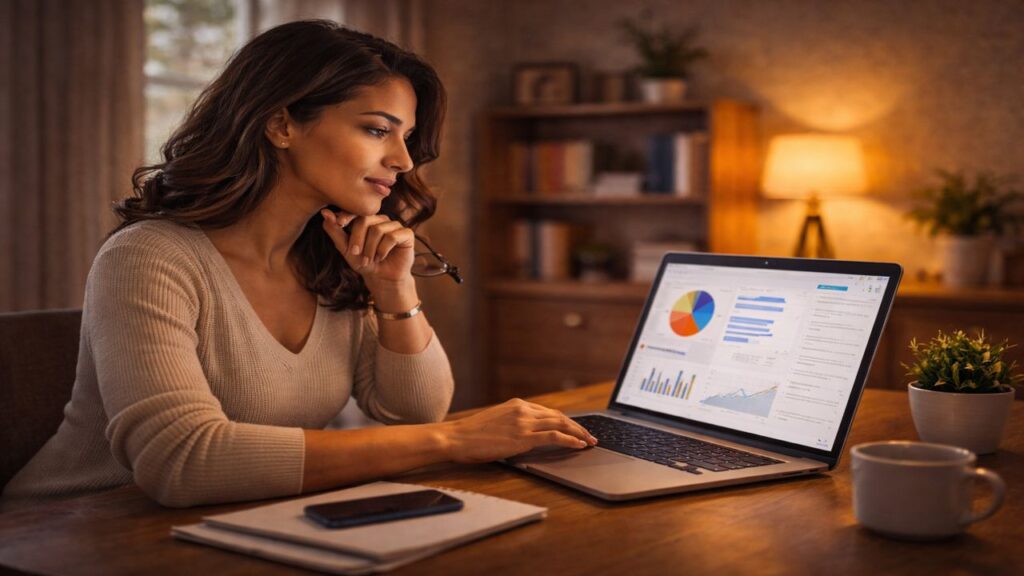 Hispanic woman analyzing subscription and revenue data on a laptop in a home office, representing recurring passive income systems.