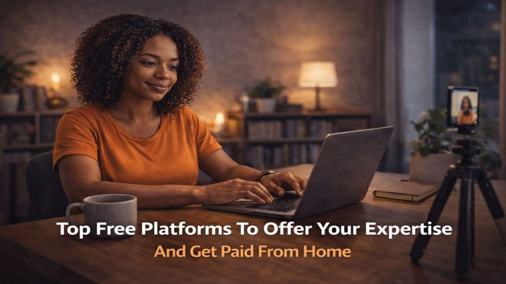 Confident Black woman working on a laptop at a warm home office desk, representing offering expertise online and earning income from home.