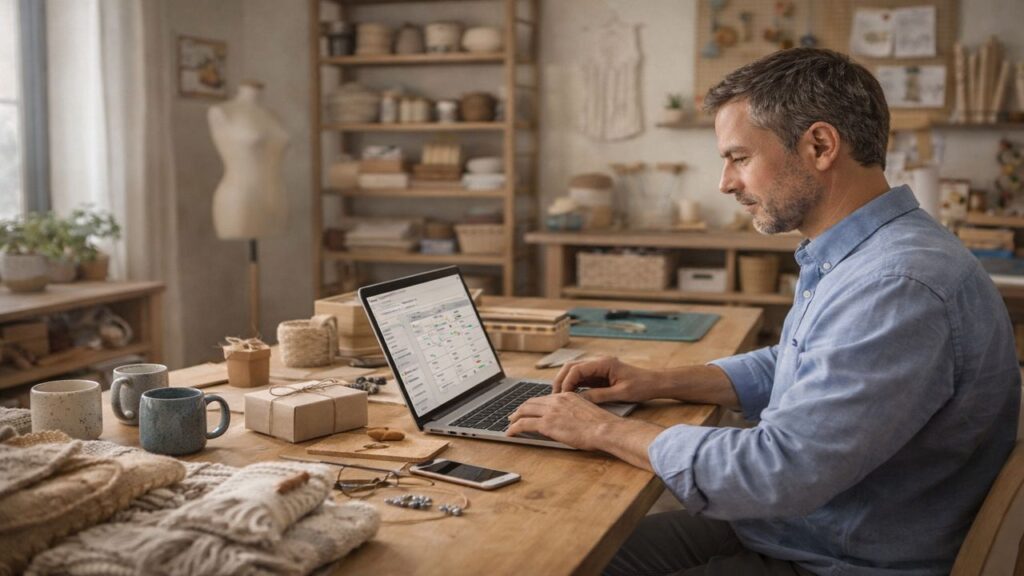 White male handmade seller working on a laptop in a home studio, managing product listings and online shop tasks.