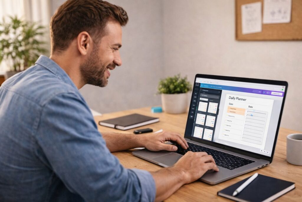 Online entrepreneur designing a digital planner template on a laptop as part of an AI-powered side hustle.