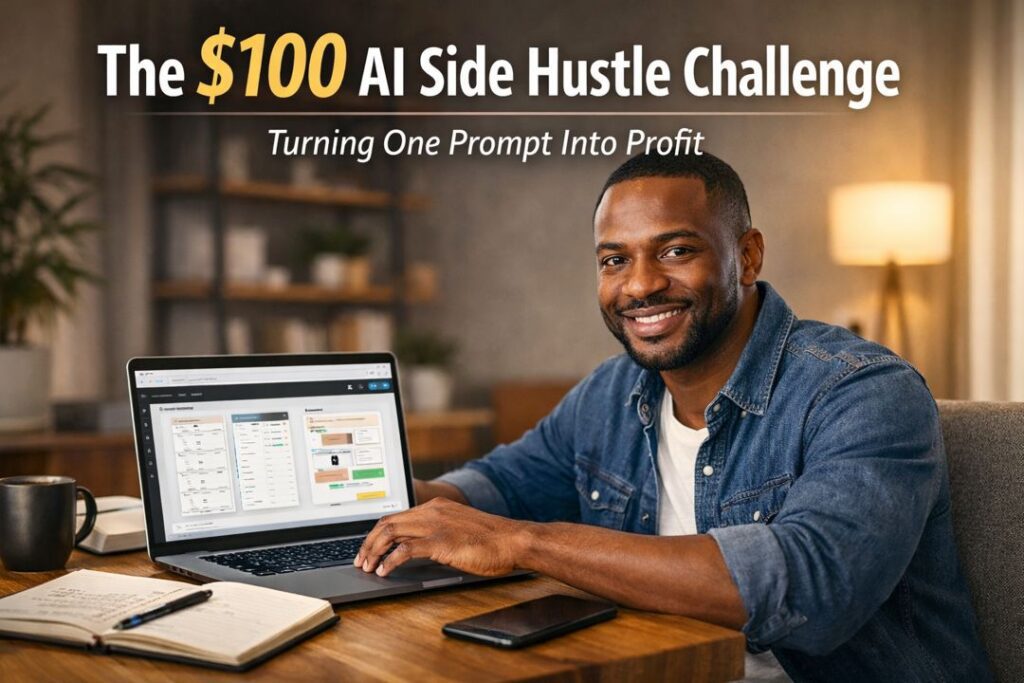 Entrepreneur working on a laptop creating a digital product during a $100 AI side hustle challenge experiment.